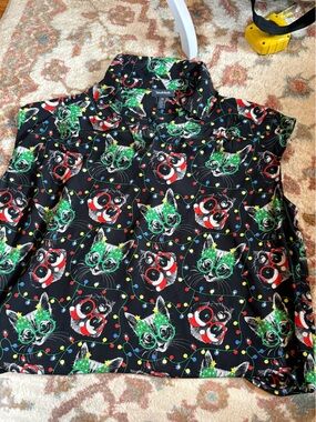 Mod cloth Holiday cat & dog Print Blouse Festive Glasses Christmas short sleeve